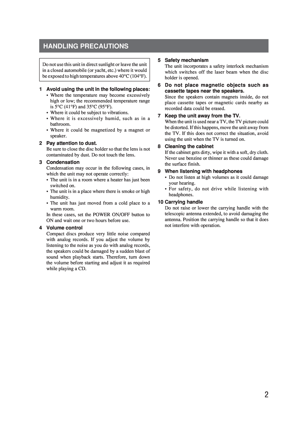 JVC RC-BM5 manual Handling Precautions 