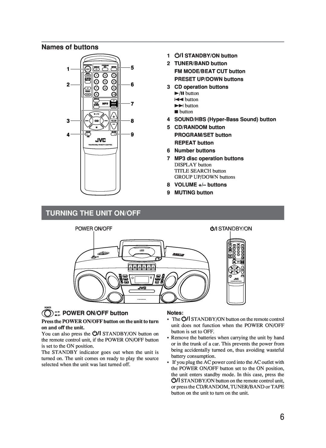 JVC RC-BM5 manual Turning The Unit On/Off, Names of buttons, OFFON POWER ON/OFF button 