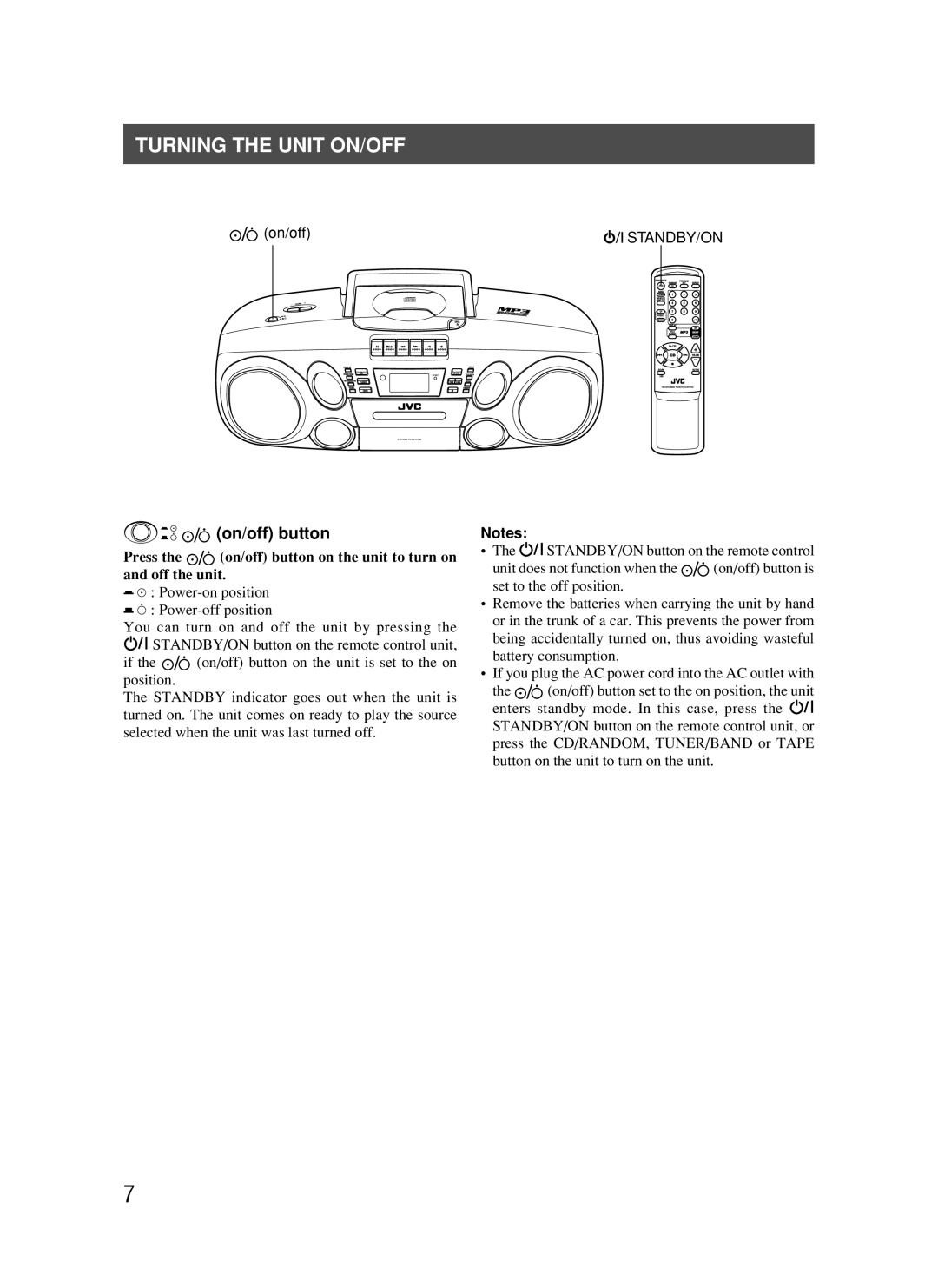 JVC RC-BM5 manual Turning The Unit On/Off, on/off button 