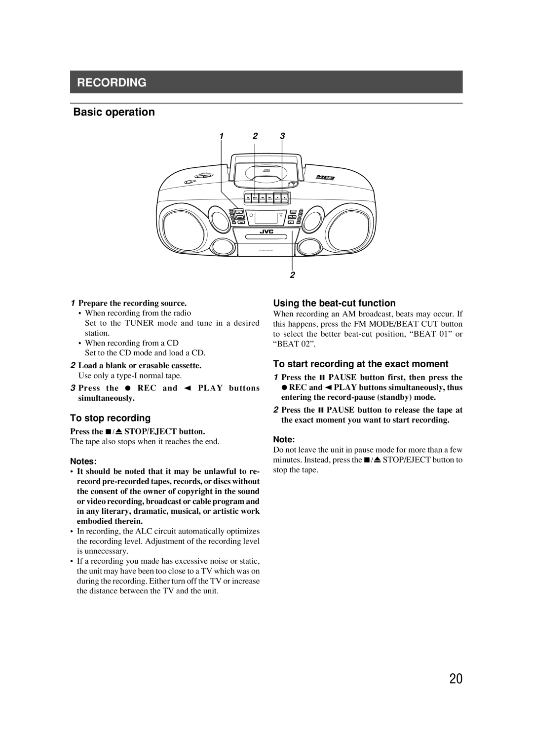 JVC RC-BM5 manual Recording, To stop recording, Using the beat-cutfunction, To start recording at the exact moment 