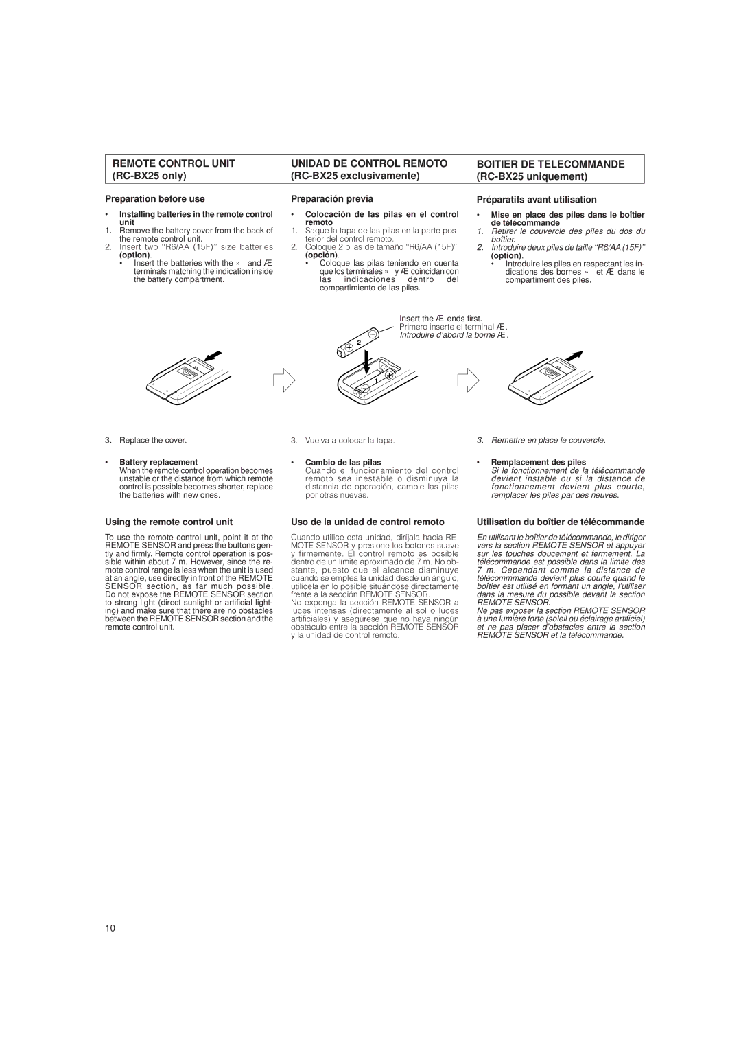 JVC RC-BX15BK Preparation before use, Preparación previa, Préparatifs avant utilisation, Using the remote control unit 