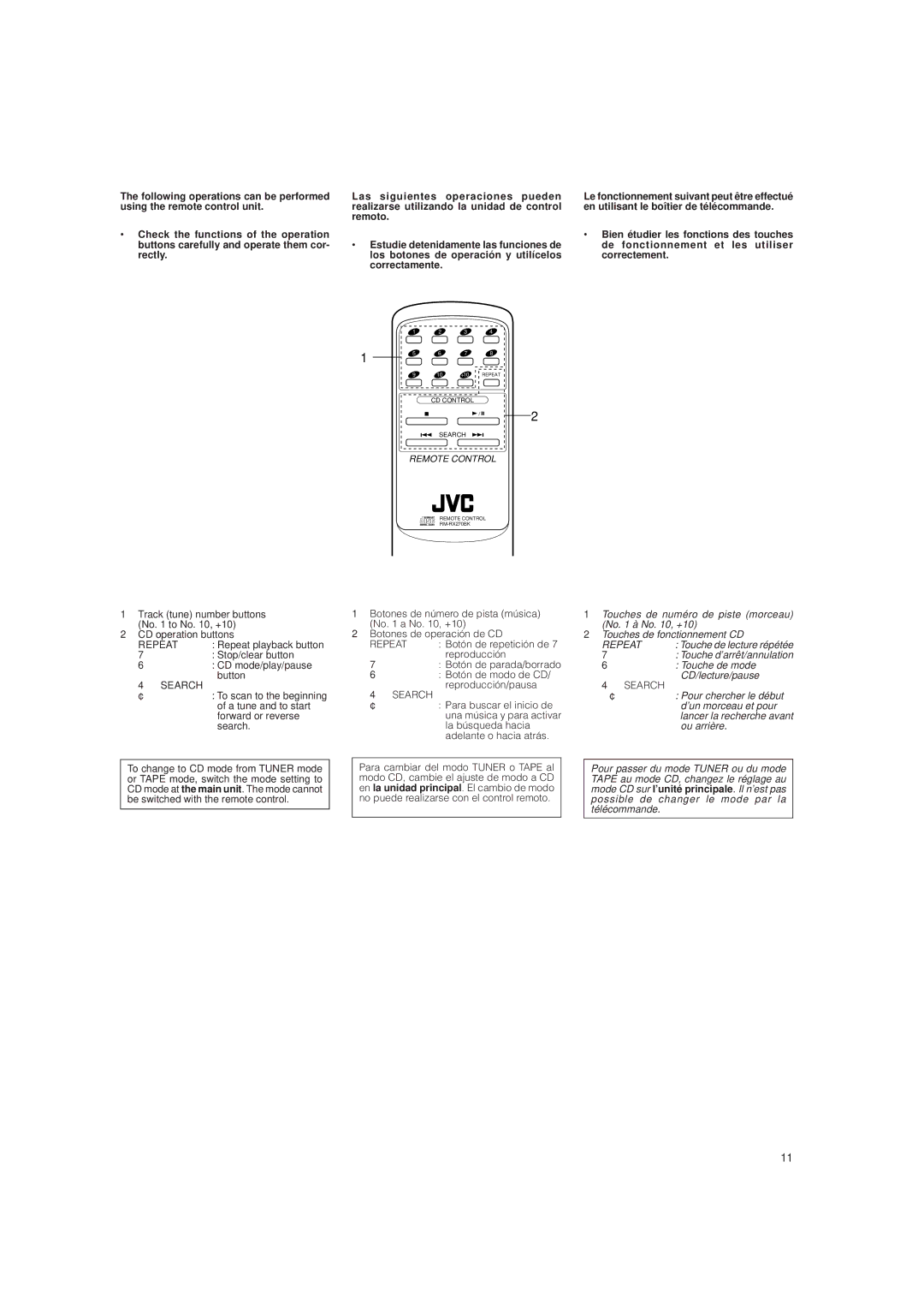 JVC RC-BX25BK, RC-BX15BU, RC-BX15BK system manual Search, Touche d’arrêt/annulation Touche de mode CD/lecture/pause 