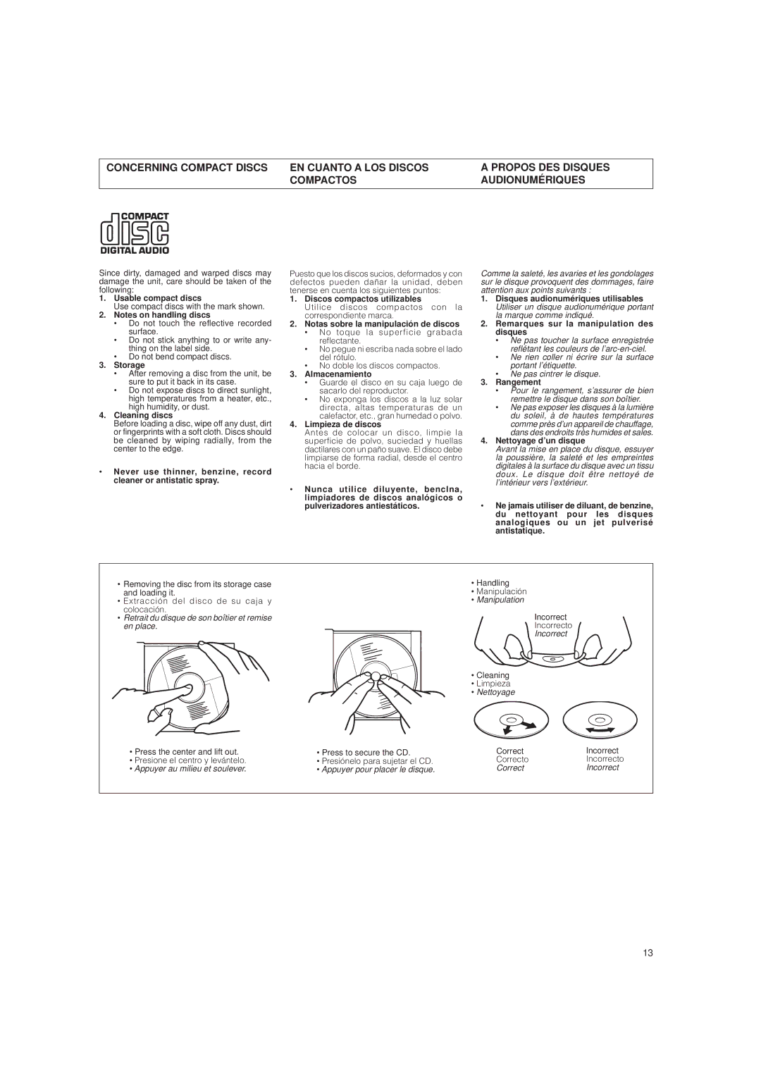 JVC RC-BX15BK Usable compact discs, Storage, Cleaning discs, Discos compactos utilizables, Almacenamiento, Rangement 