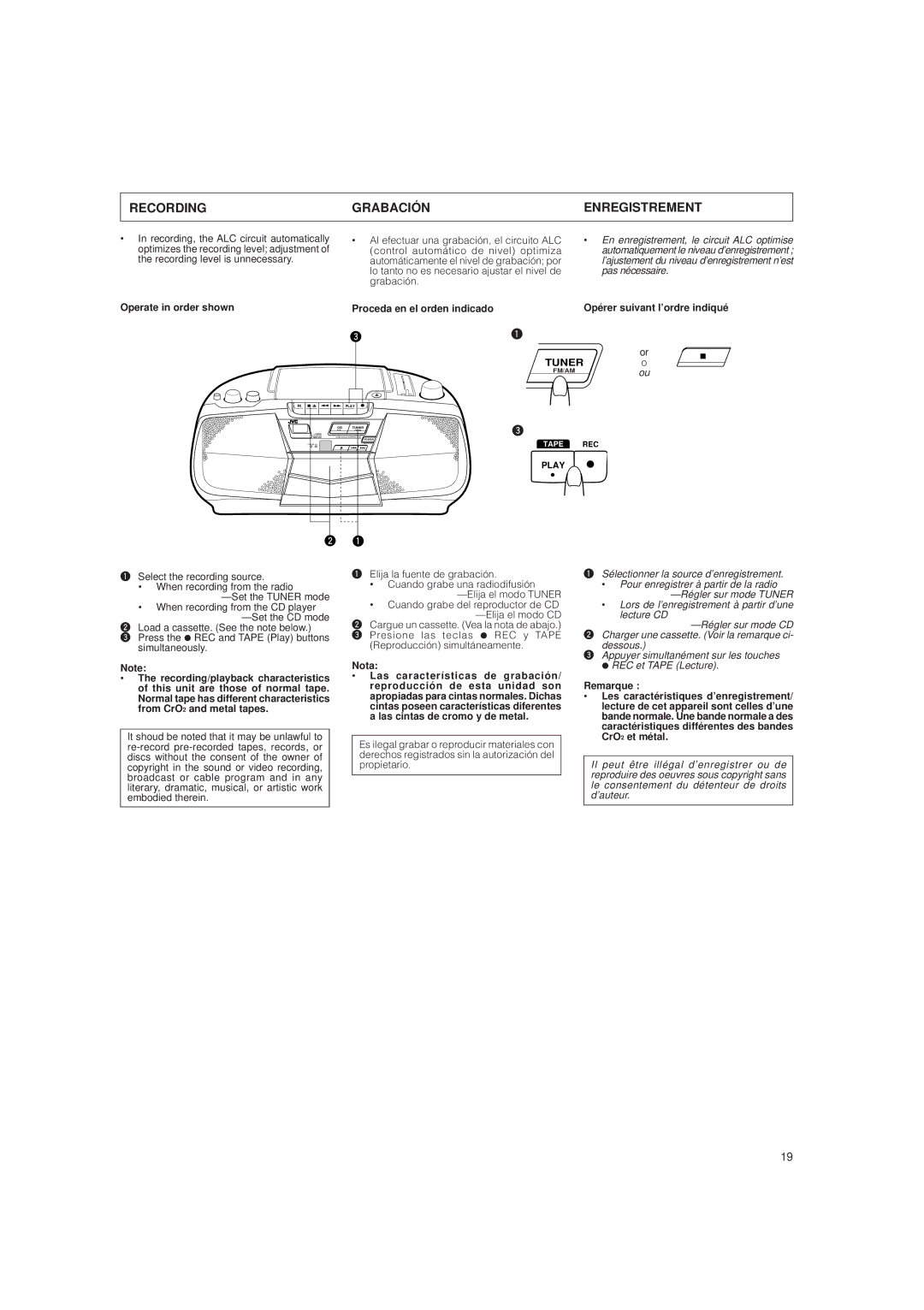 JVC RC-BX15BK Recording Grabación Enregistrement, Operate in order shown, En enregistrement, le circuit ALC optimise 