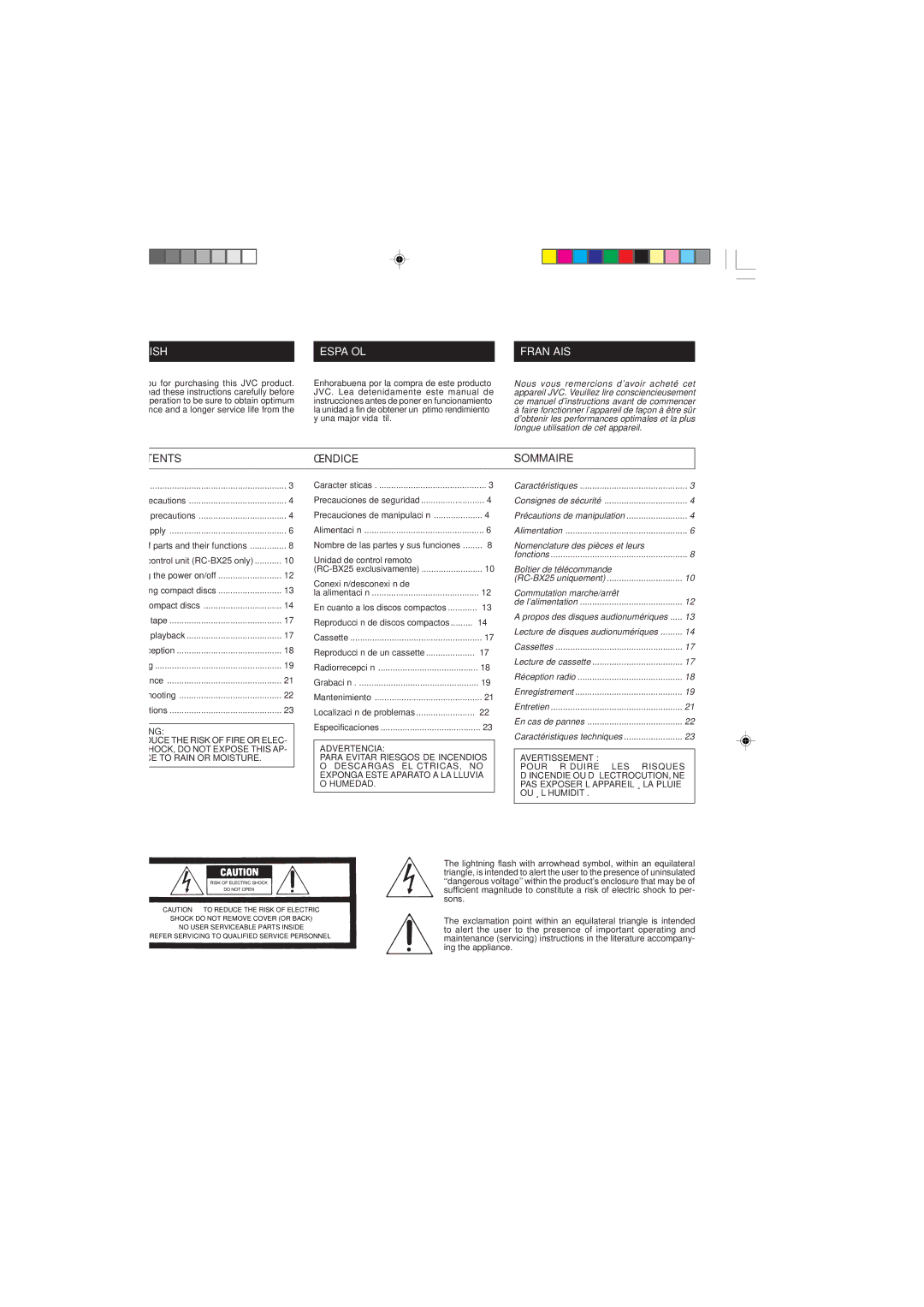 JVC RC-BX25BK, RC-BX15BU, RC-BX15BK system manual English Español Français, Contents Índice Sommaire 