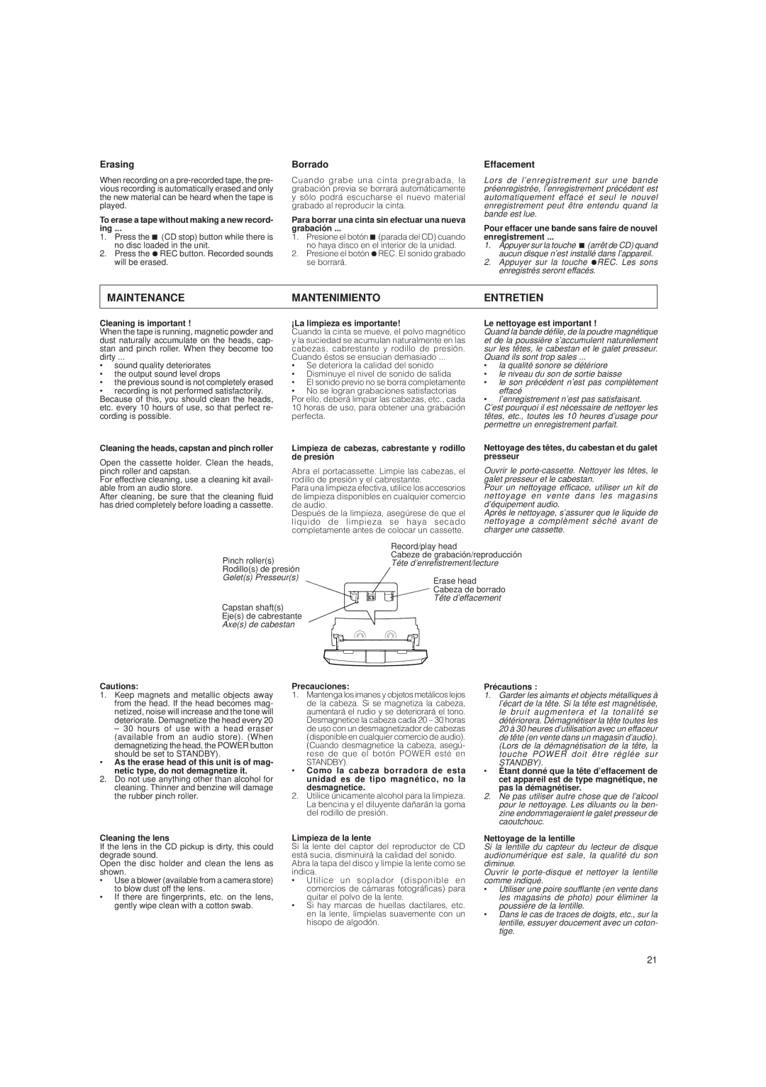 JVC RC-BX15BU, RC-BX15BK, RC-BX25BK system manual Maintenance Mantenimiento Entretien, Erasing, Borrado, Effacement 