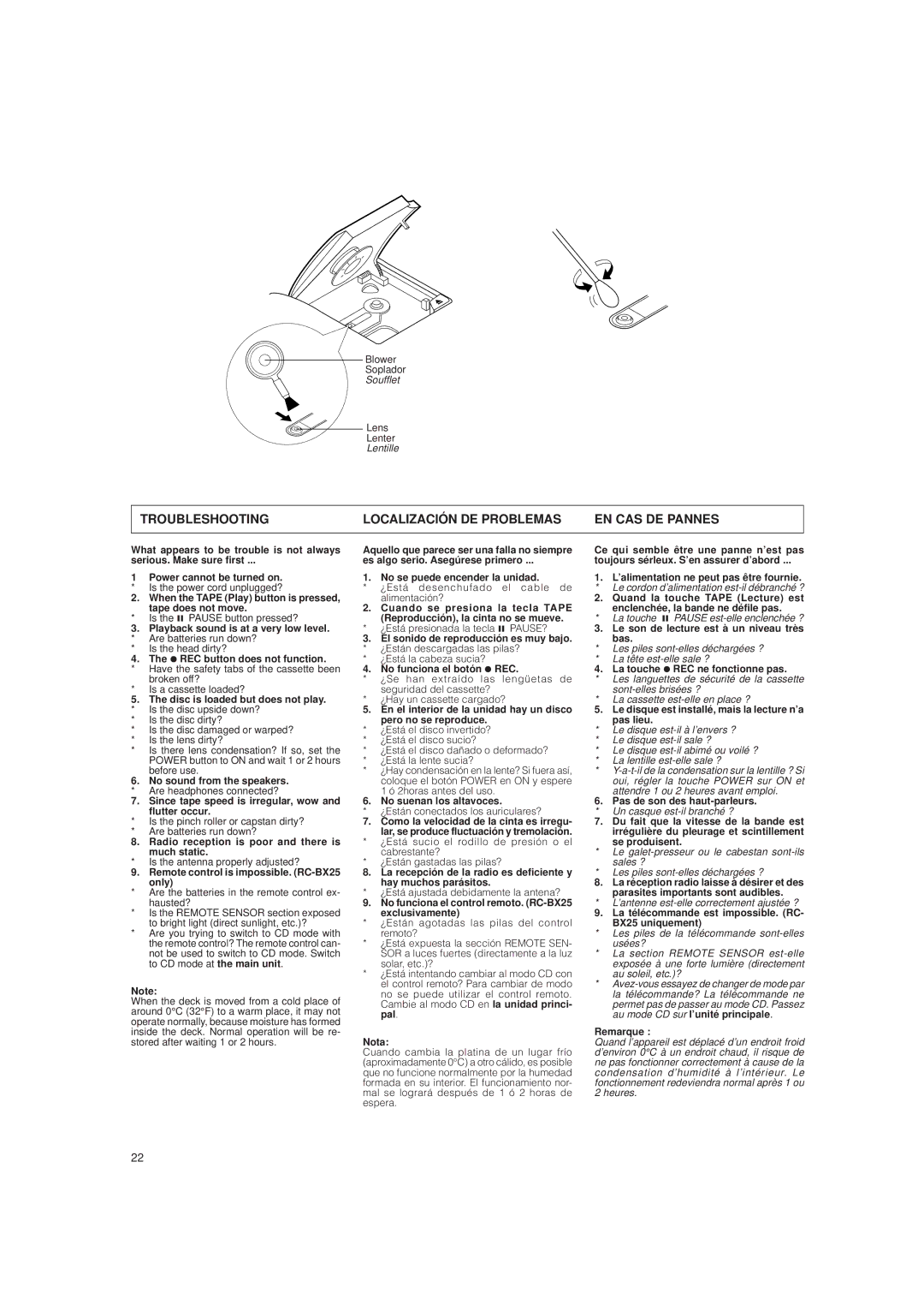 JVC RC-BX15BK, RC-BX15BU, RC-BX25BK system manual Troubleshooting Localización DE Problemas EN CAS DE Pannes 