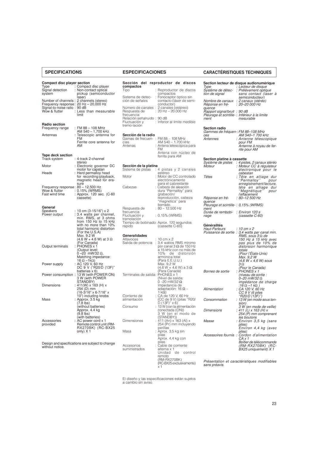 JVC RC-BX25BK, RC-BX15BU, RC-BX15BK system manual Specifications Especificaciones Caractéristiques Techniques 