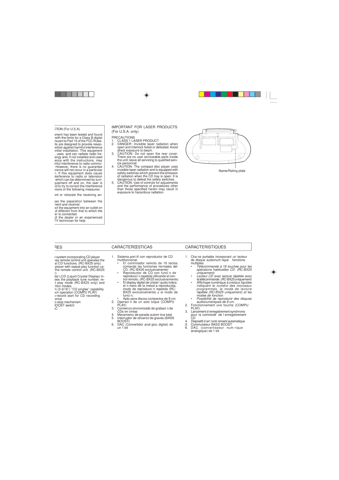 JVC RC-BX15BU, RC-BX15BK, RC-BX25BK Features Características Caracteristiques, Important for Laser Products For U.S.A. only 