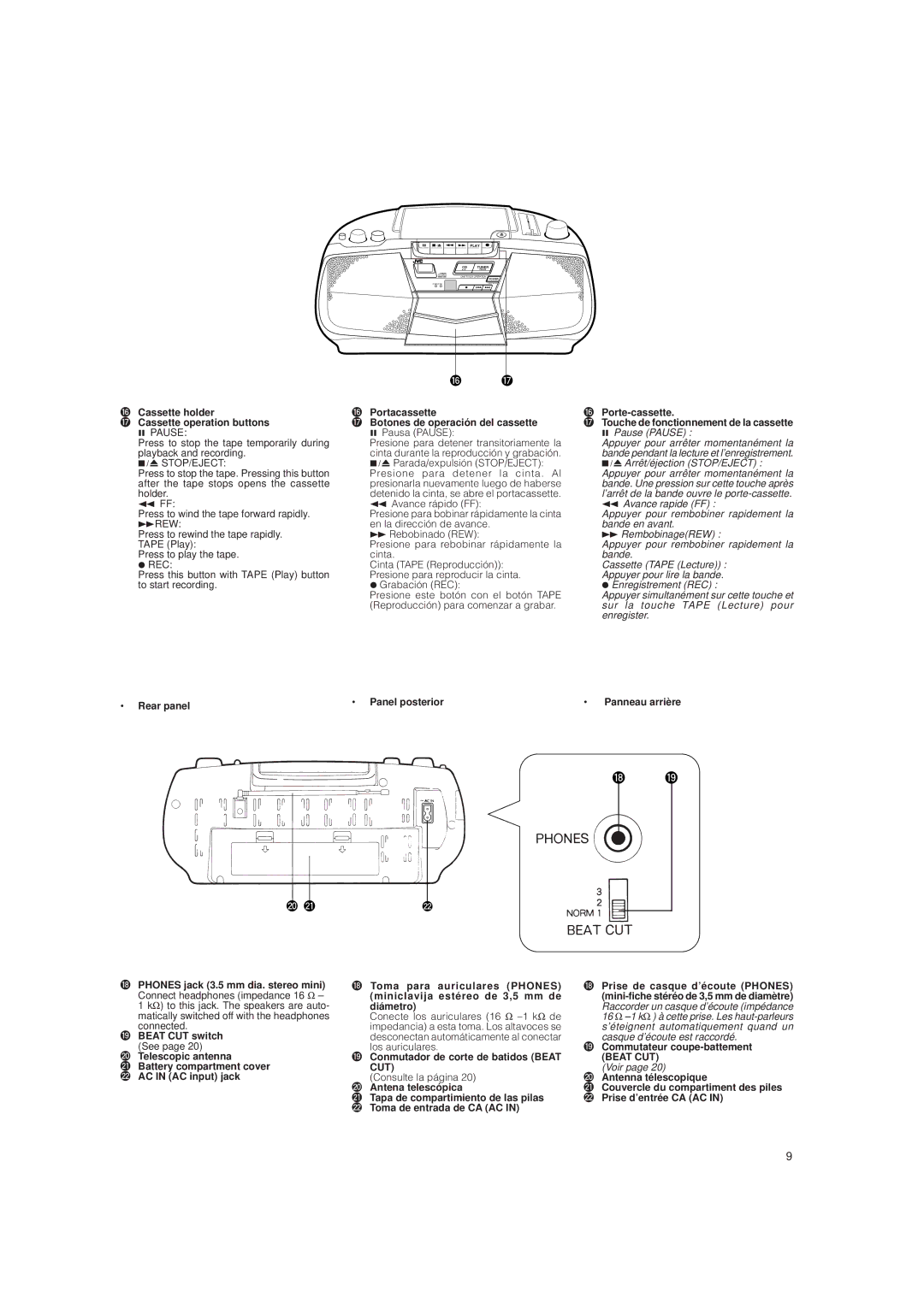 JVC RC-BX15BU Cassette holder Cassette operation buttons, Portacassette Botones de operación del cassette, Beat CUT switch 