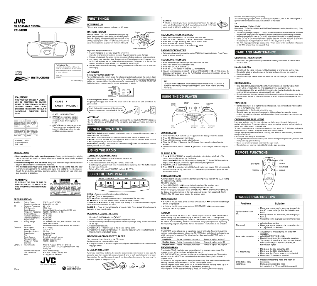 JVC RC-BX30 specifications First Things, Care and Maintenance, General Controls, Using the Radio, Using the Tape Player 