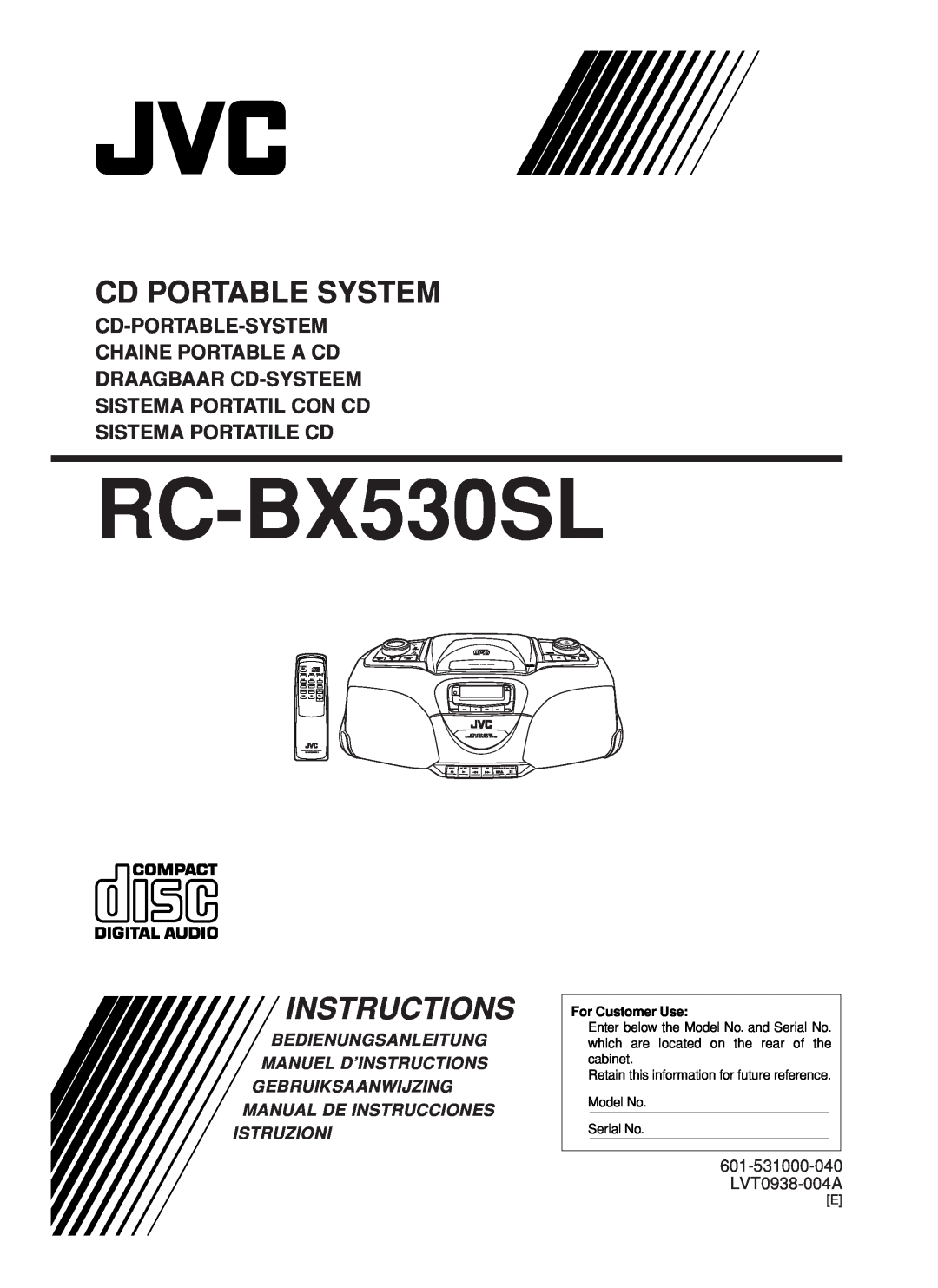 JVC RC-BX530SL manual Cd-Portable-System Chaine Portable A Cd, Draagbaar Cd-Systeem Sistema Portatil Con Cd, Instructions 