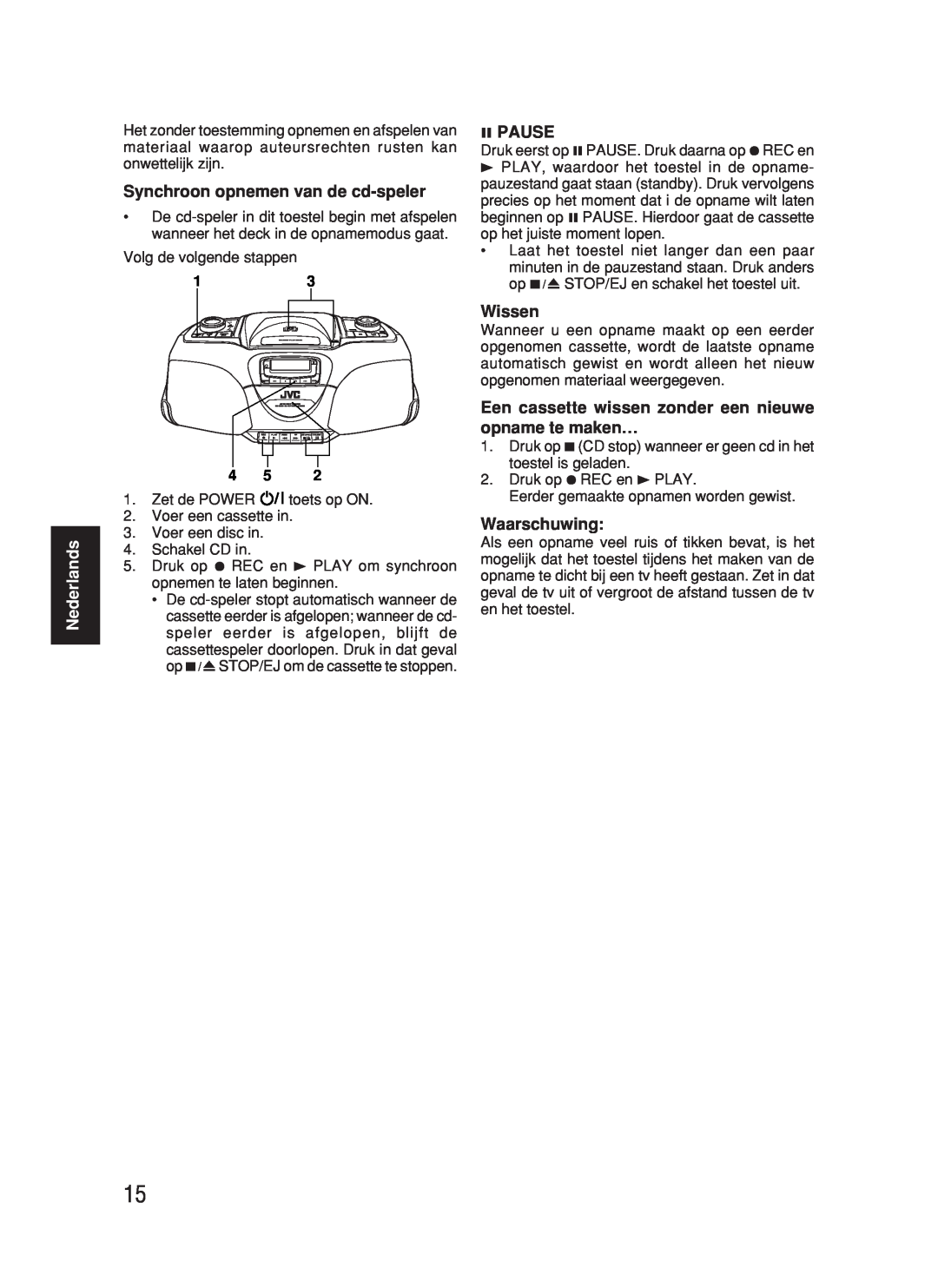 JVC RC-BX530SL manual Synchroon opnemen van de cd-speler, 8PAUSE, Wissen, Nederlands, Waarschuwing 