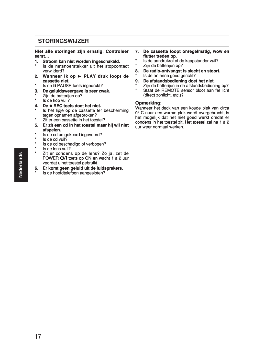 JVC RC-BX530SL manual Storingswijzer, Nederlands, Opmerking 