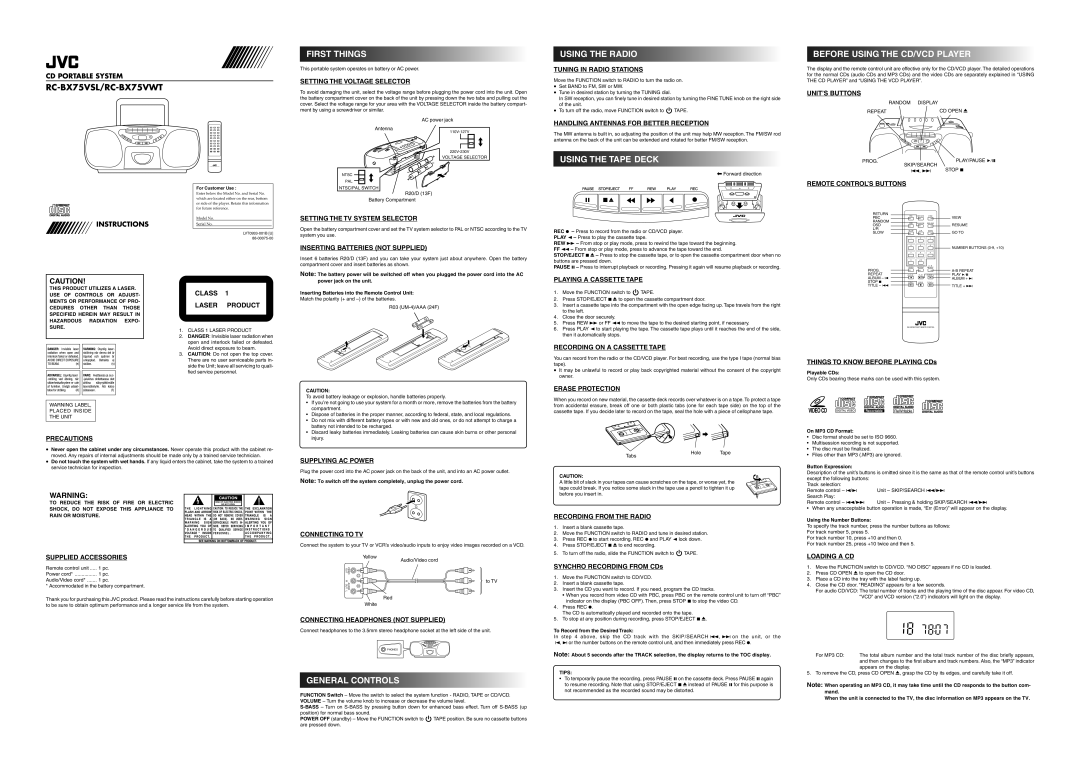 JVC RC-BX75VSL, RC-BX75VWT user service First Things, Using the Radio, Using the Tape Deck, Before Using the CD/VCD Player 