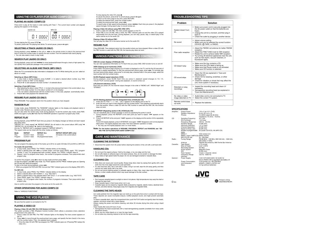 JVC RC-BX75VWT Using the VCD Player, Various Functions USE Remote Control, Care and Maintenance, Troubleshooting Tips 