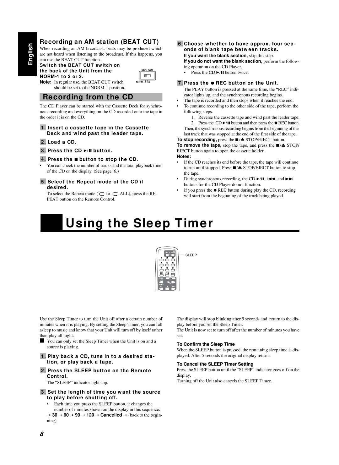 JVC RC-BZ5RD, RC-BZ5LB manual Using the Sleep Timer, Recording from the CD, Recording an AM station Beat CUT 