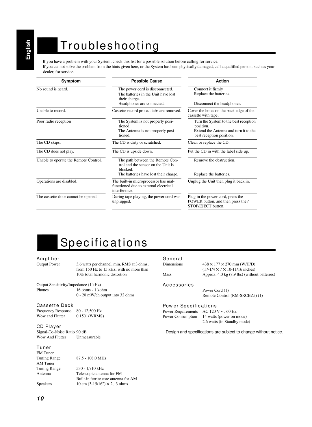 JVC RC-BZ5RD, RC-BZ5LB manual Troubleshooting, Specifications 