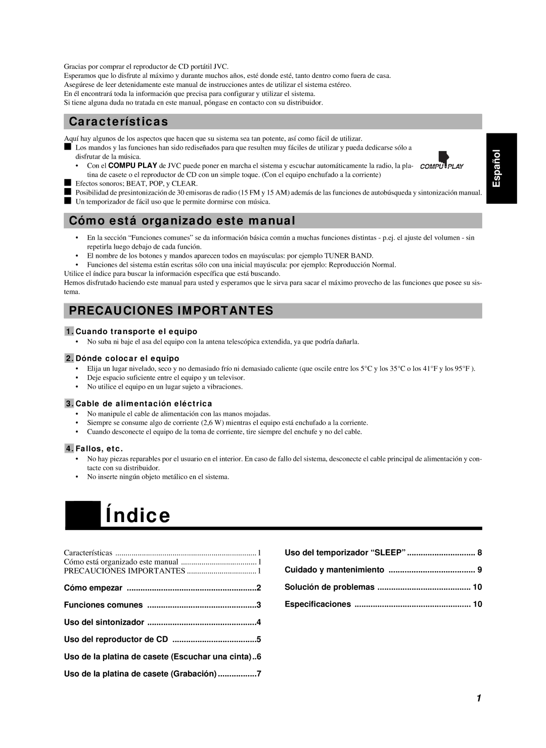 JVC RC-BZ5LB, RC-BZ5RD Índice, Características, Cómo está organizado este manual 