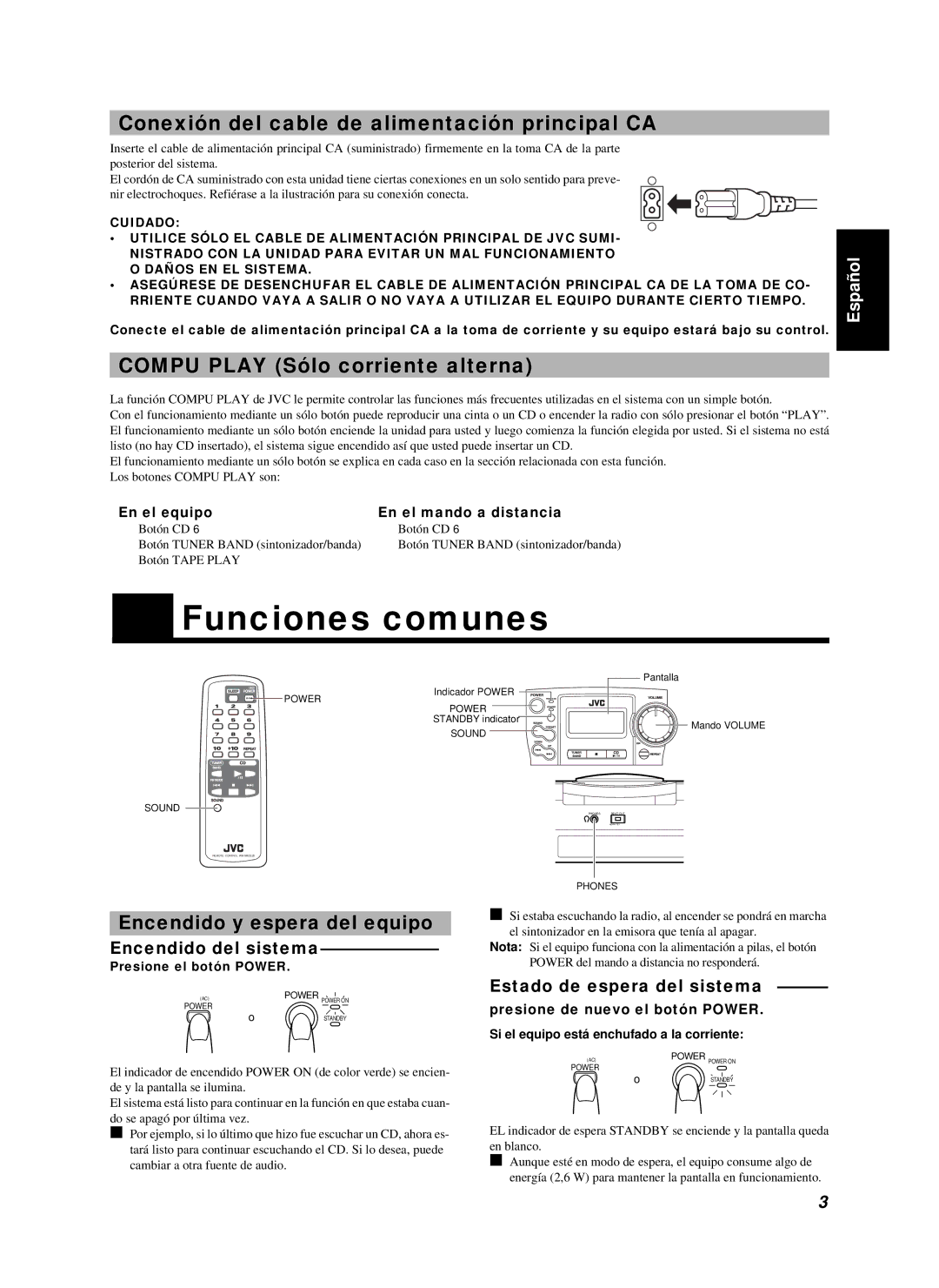 JVC RC-BZ5LB manual Funciones comunes, Conexión del cable de alimentación principal CA, Compu Play Sólo corriente alterna 