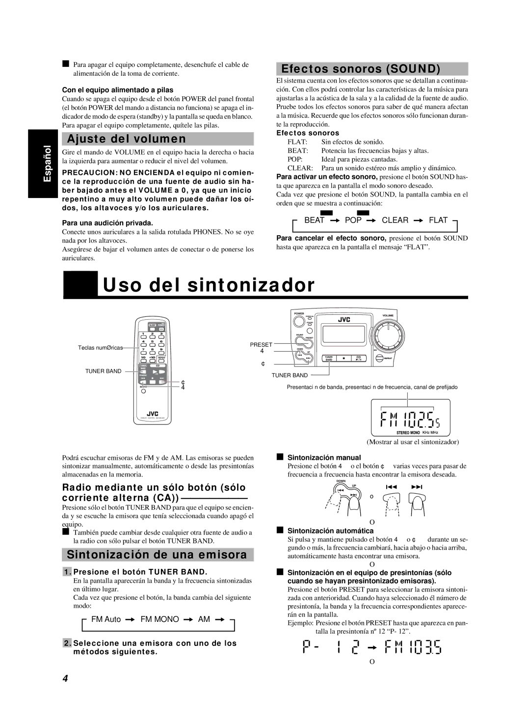 JVC RC-BZ5RD, RC-BZ5LB manual Uso del sintonizador, Ajuste del volumen, Efectos sonoros Sound, Sintonización de una emisora 