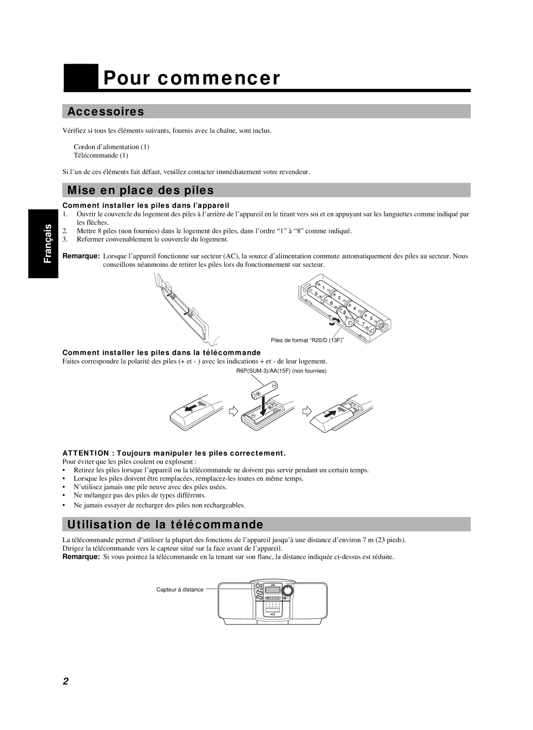 JVC RC-BZ5RD, RC-BZ5LB manual Pour commencer, Accessoires, Mise en place des piles, Utilisation de la télécommande 