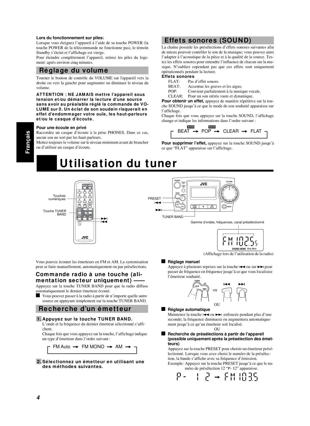 JVC RC-BZ5RD, RC-BZ5LB manual Utilisation du tuner, Réglage du volume, Effets sonores Sound, Recherche d’un émetteur 