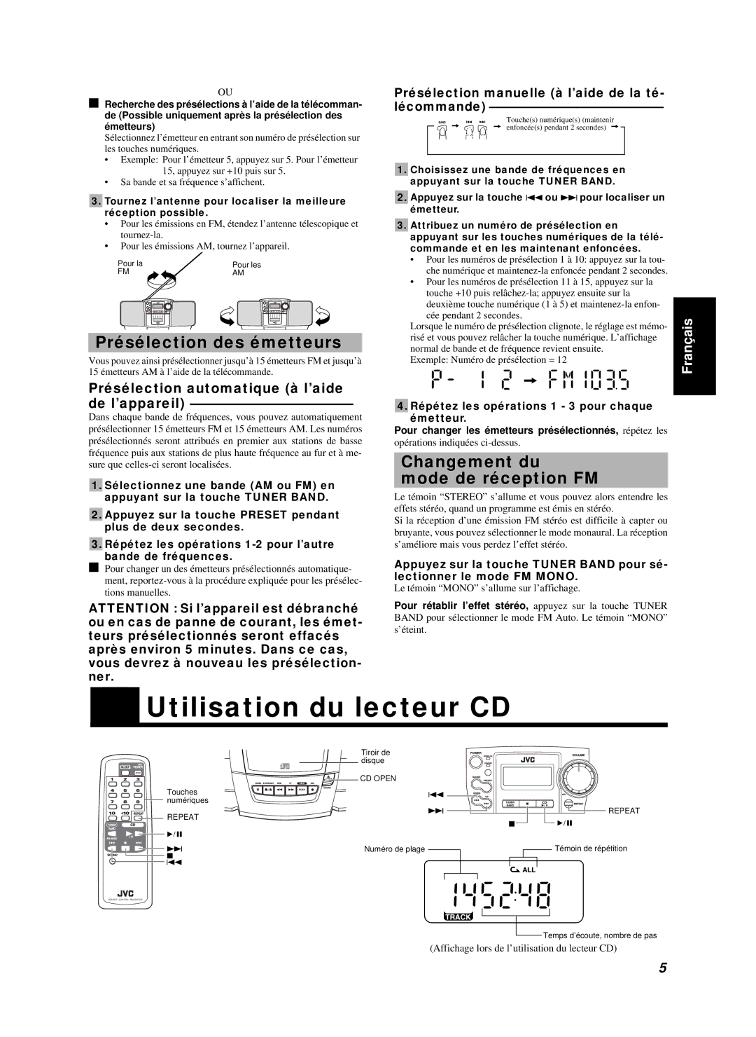 JVC RC-BZ5LB manual Utilisation du lecteur CD, Présélection des émetteurs, Présélection automatique à l’aide de l’appareil 