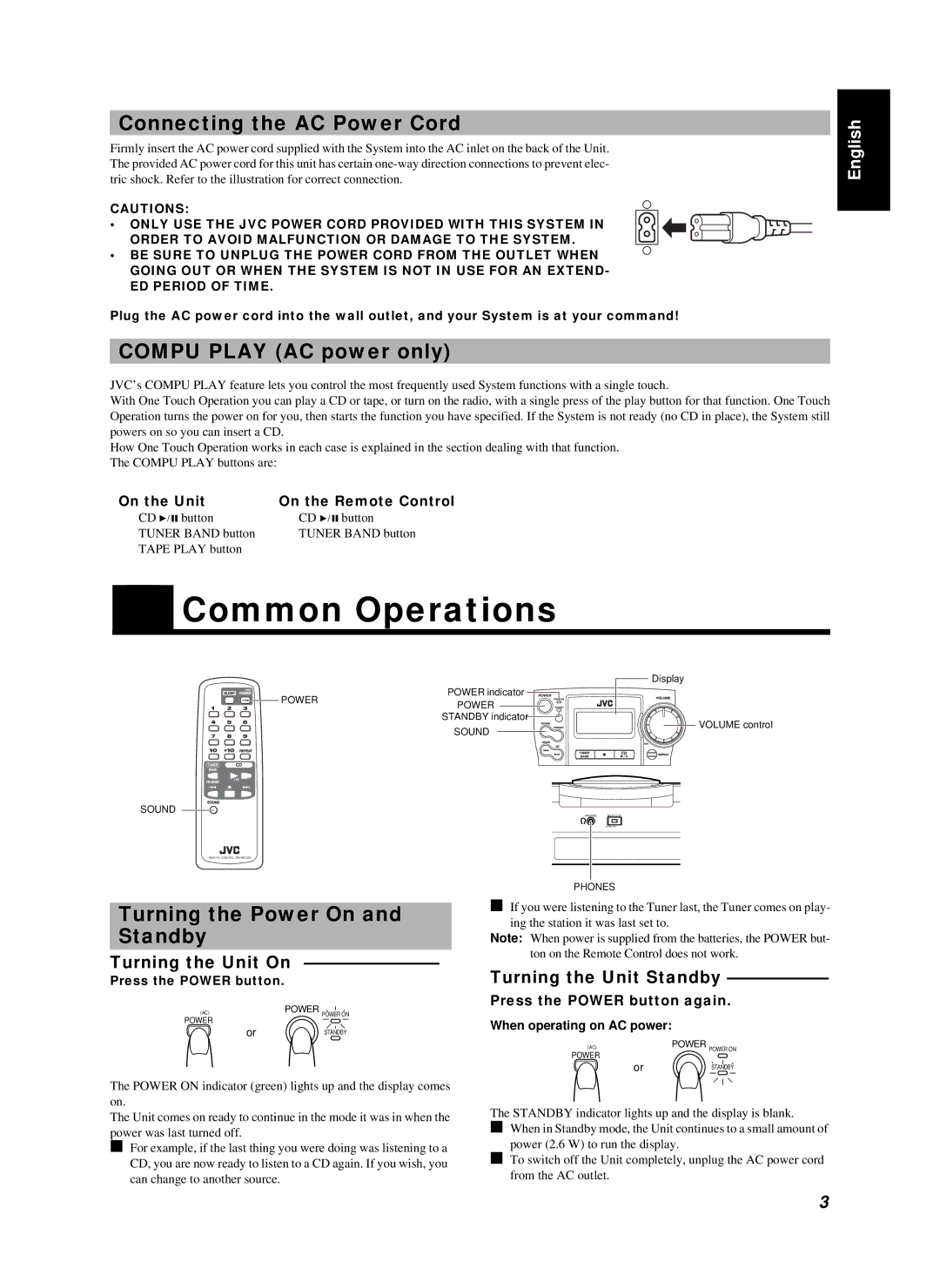 JVC RC-BZ5LB Common Operations, Connecting the AC Power Cord, Compu Play AC power only, Turning the Power On and Standby 