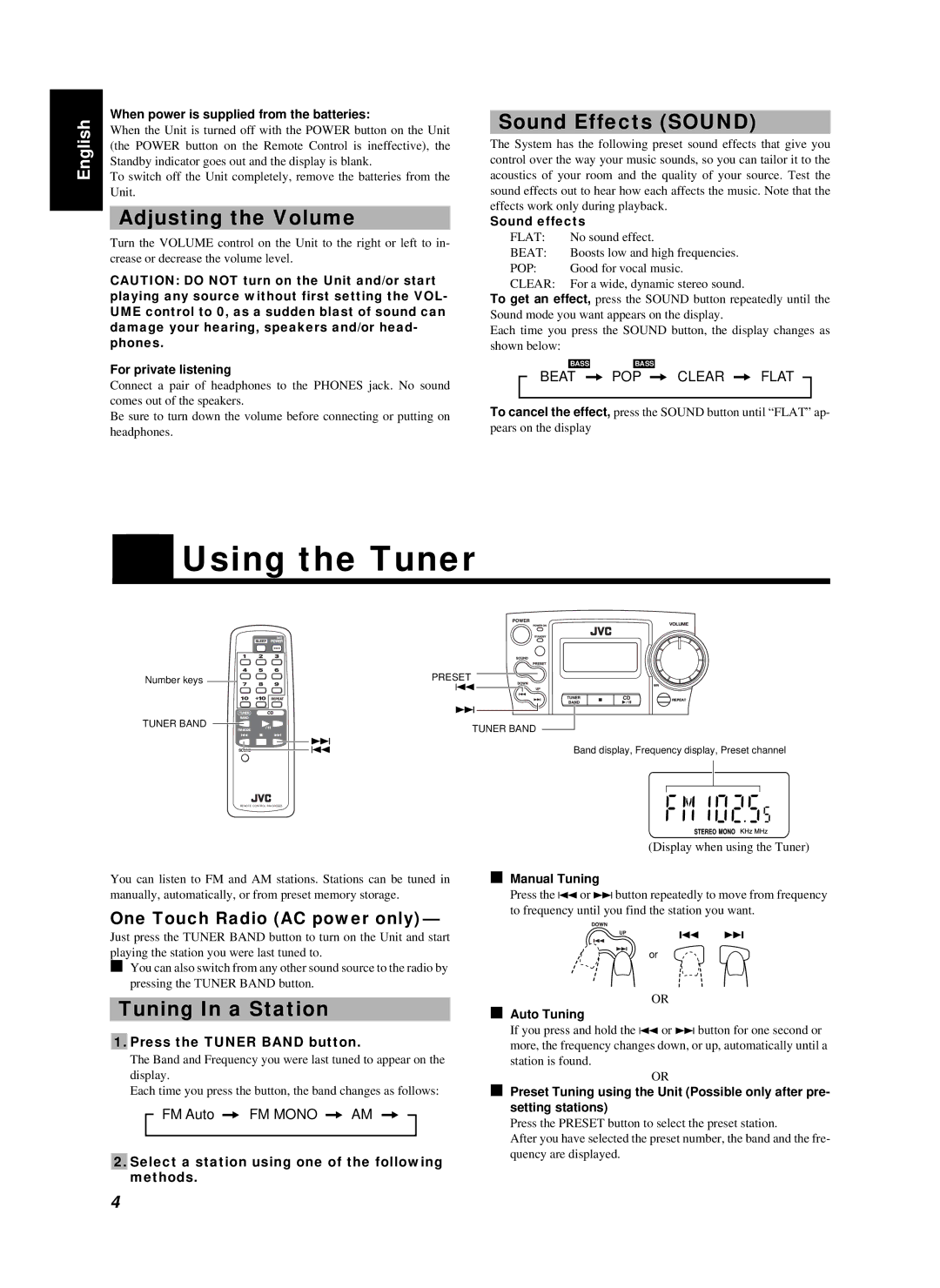 JVC RC-BZ5RD, RC-BZ5LB manual Using the Tuner, Adjusting the Volume, Sound Effects Sound, Tuning In a Station 