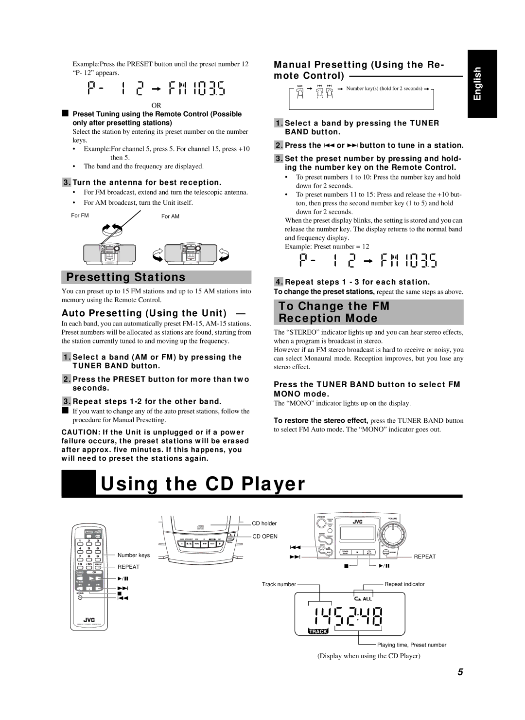 JVC RC-BZ5LB, RC-BZ5RD Using the CD Player, To Change the FM Reception Mode, Manual Presetting Using the Re, Mote Control 