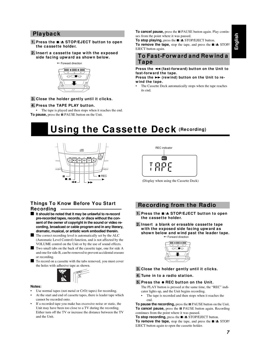 JVC RC-BZ5LB Using the Cassette Deck Recording, Playback, To Fast-Forward and Rewind a Tape, Recording from the Radio 