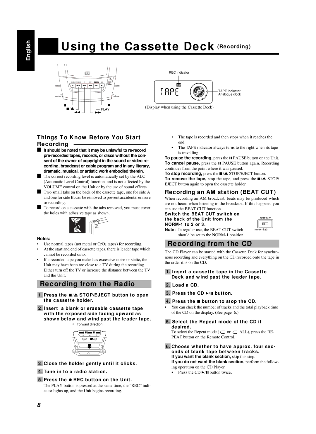 JVC RC-BZ6BU manual Using the Cassette Deck Recording, Recording from the Radio, Recording from the CD 