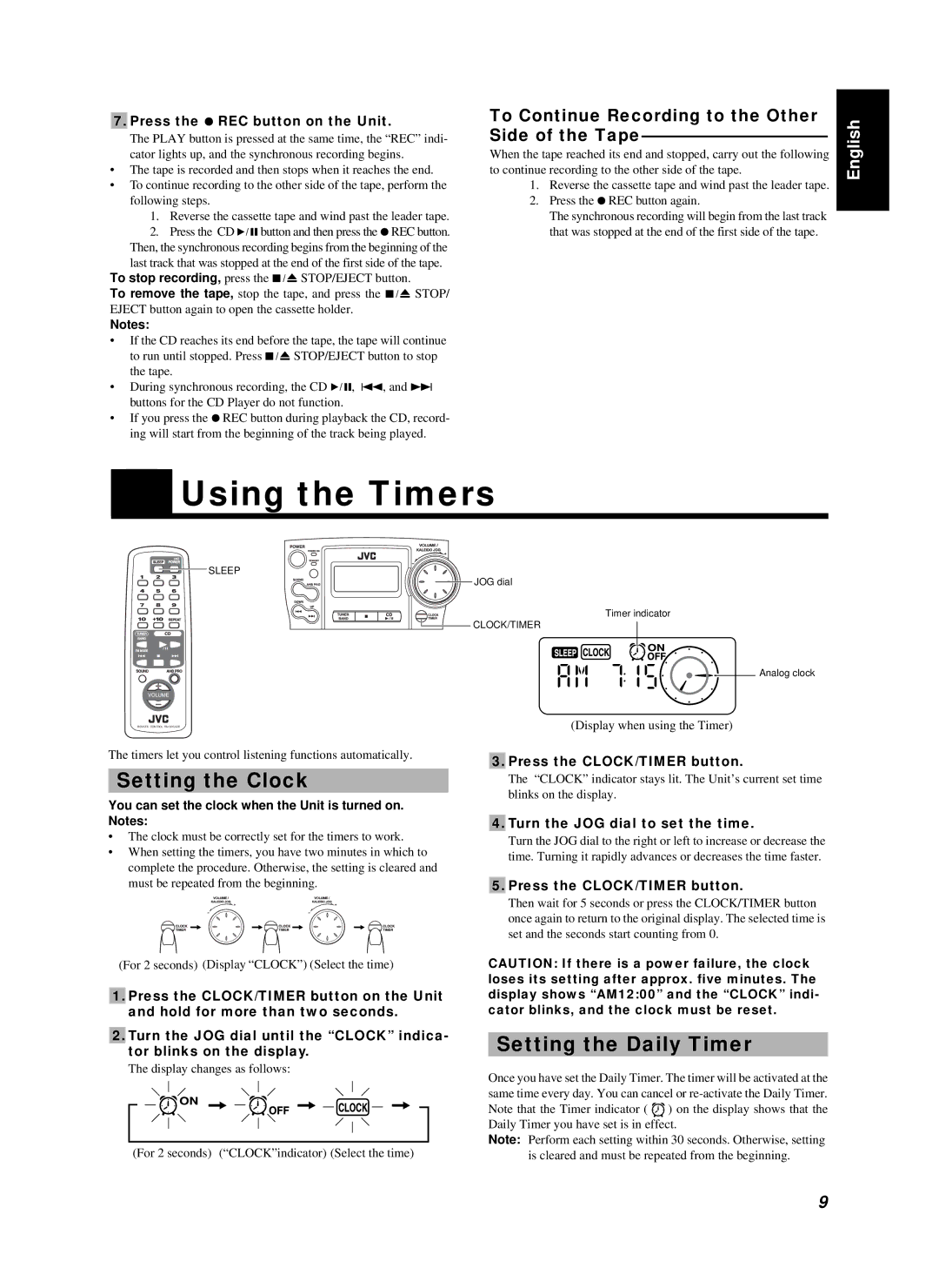 JVC RC-BZ6BU manual Using the Timers, Setting the Clock, Setting the Daily Timer 