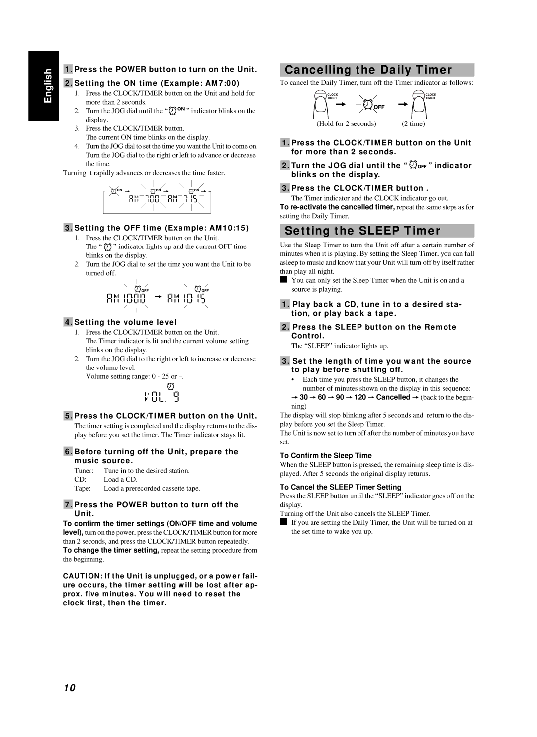 JVC RC-BZ6BU manual Cancelling the Daily Timer, Setting the Sleep Timer 