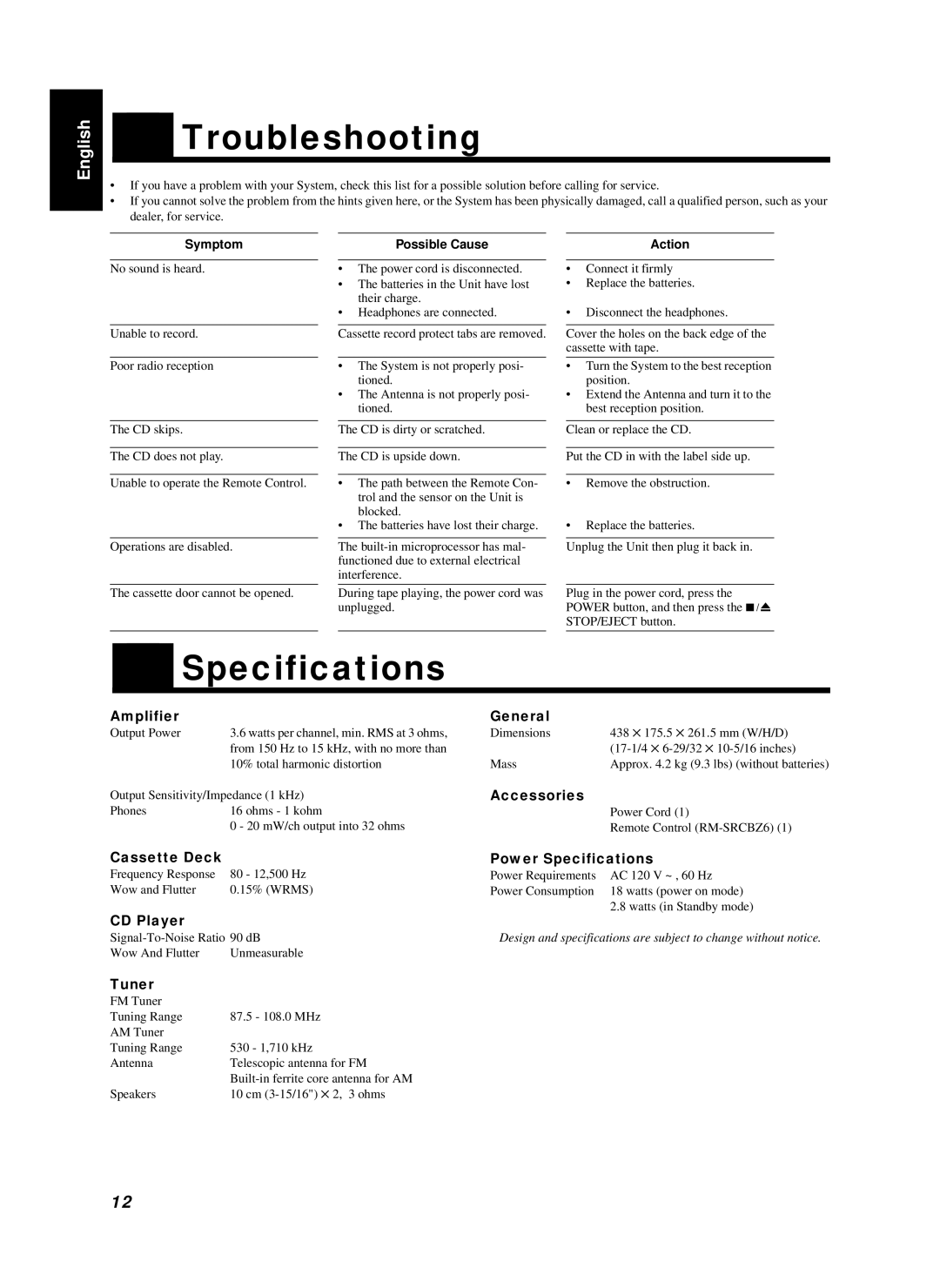 JVC RC-BZ6BU manual Troubleshooting, Specifications 