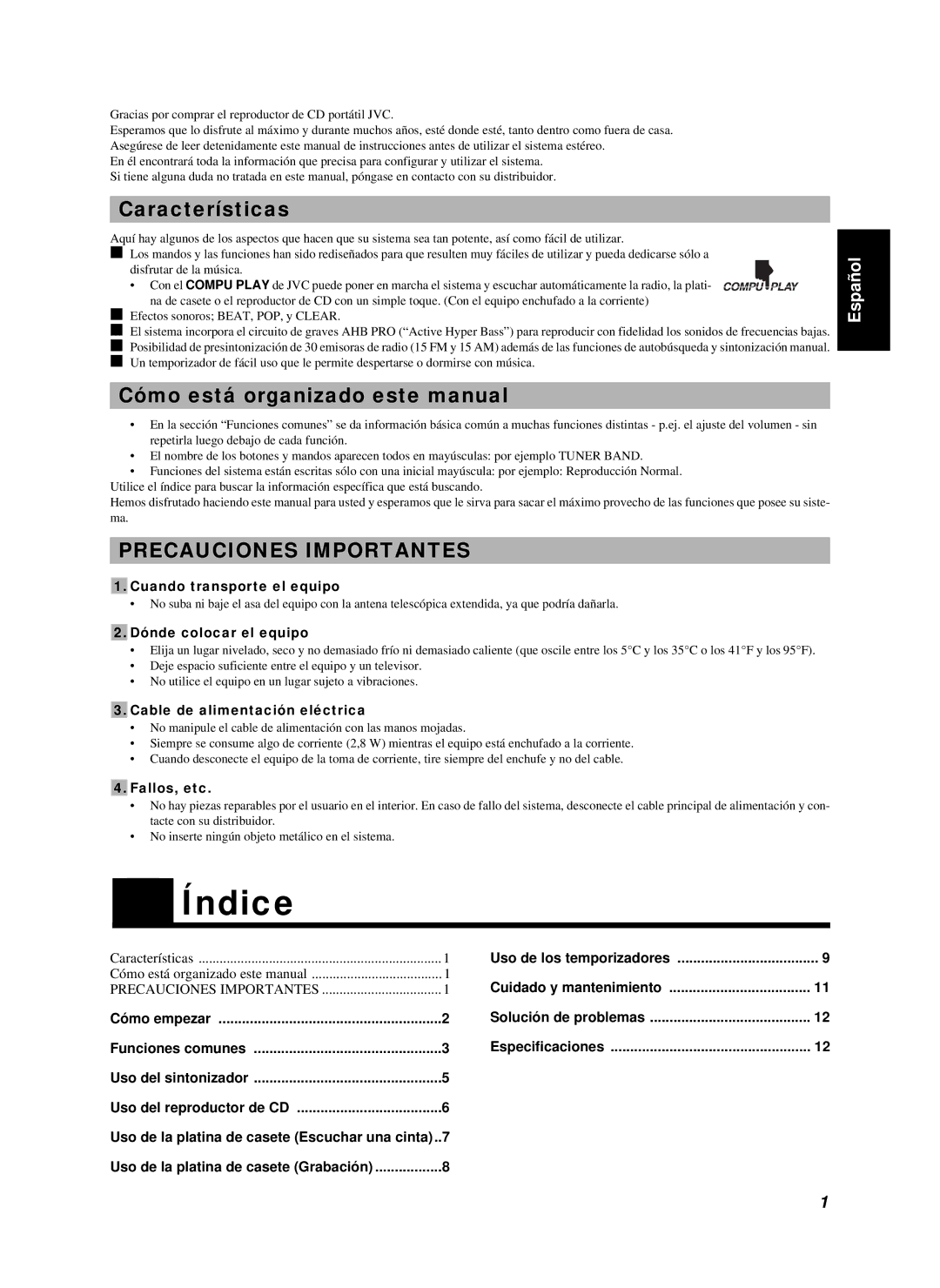 JVC RC-BZ6BU Índice, Características, Cómo está organizado este manual 