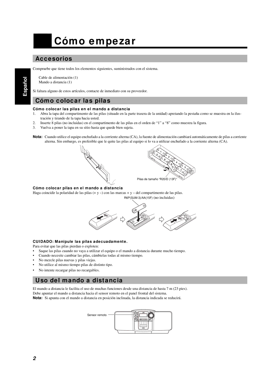 JVC RC-BZ6BU manual Cómo empezar, Accesorios, Cómo colocar las pilas, Uso del mando a distancia 