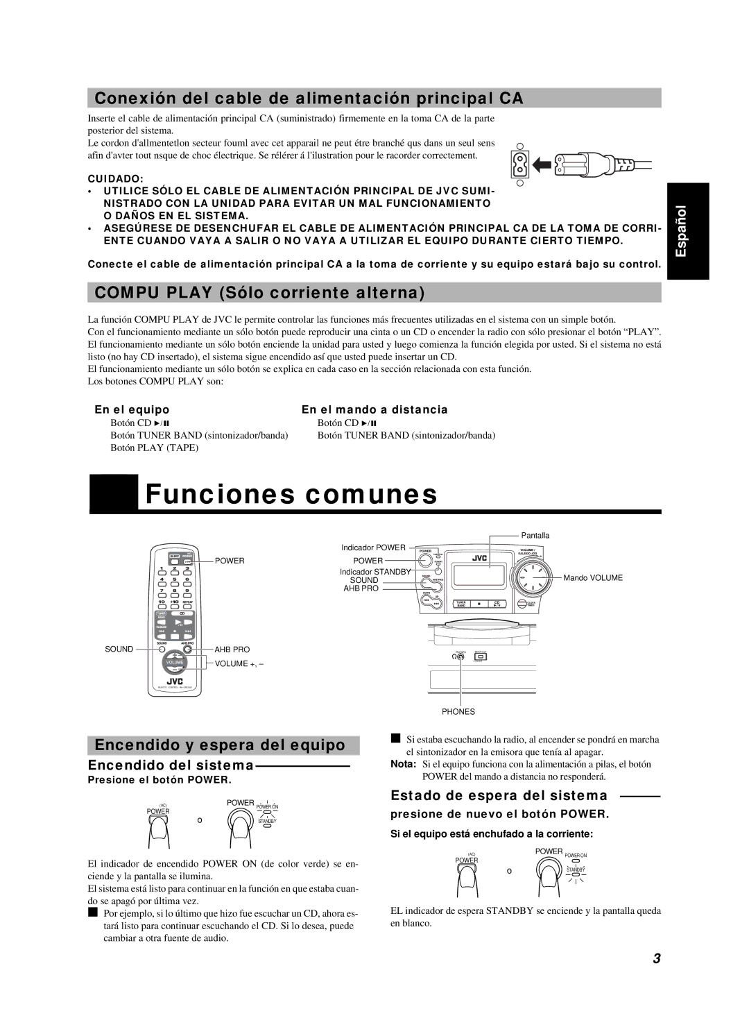 JVC RC-BZ6BU manual Funciones comunes, Conexión del cable de alimentación principal CA, Compu Play Sólo corriente alterna 