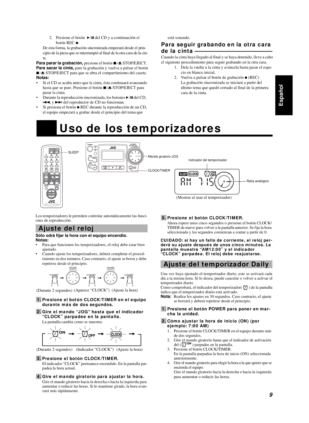 JVC RC-BZ6BU manual Uso de los temporizadores, Ajuste del reloj, Ajuste del temporizador Daily 