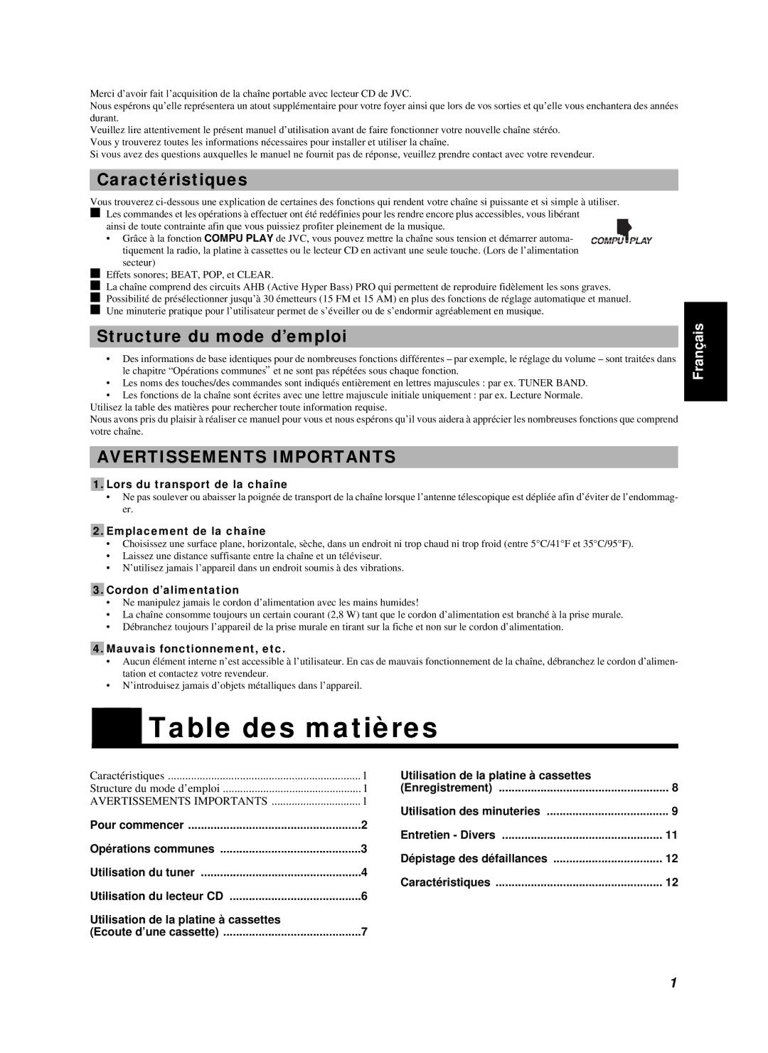 JVC RC-BZ6BU manual Table des matières, Caractéristiques, Structure du mode d’emploi 