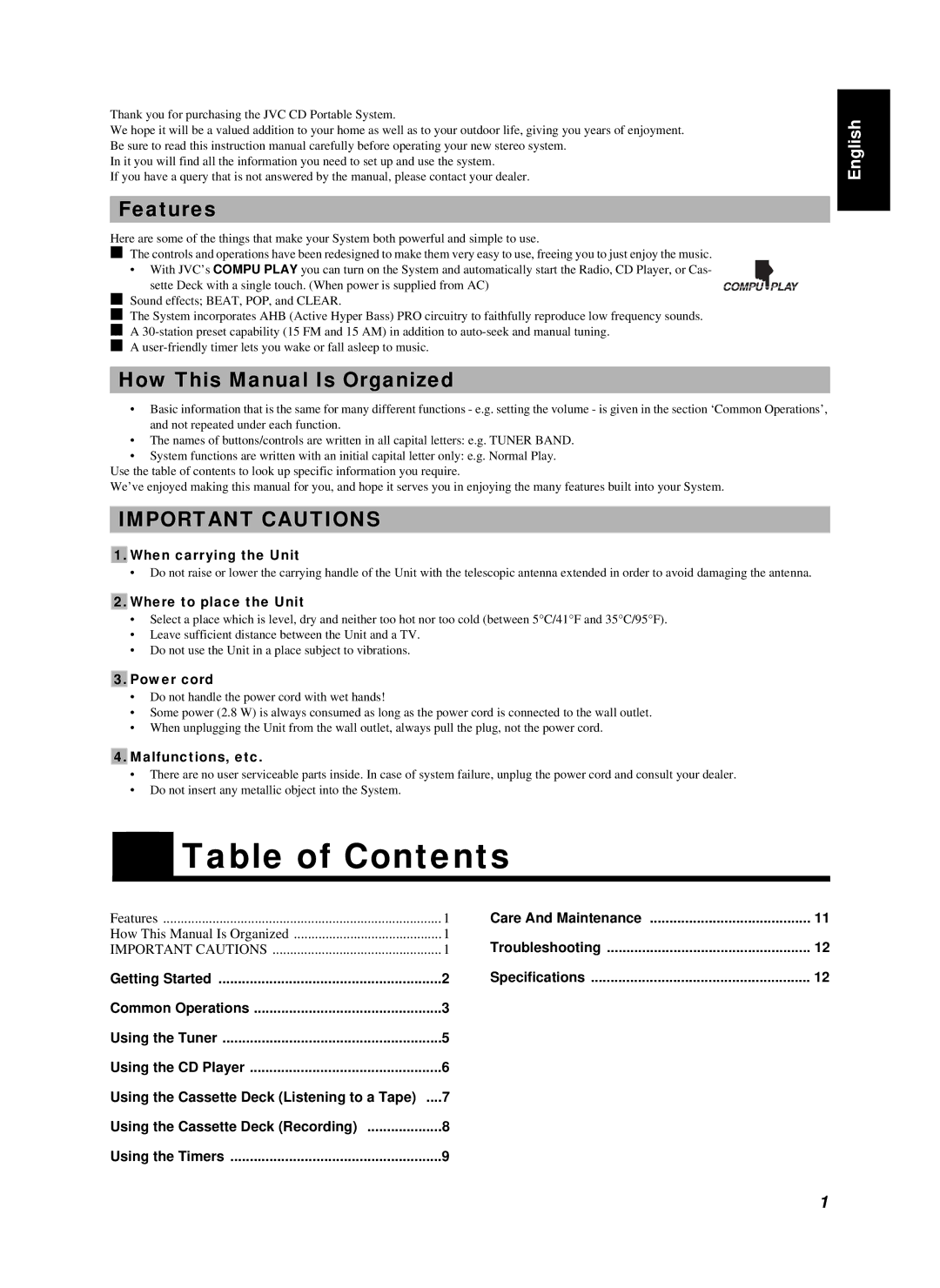 JVC RC-BZ6BU manual Table of Contents 