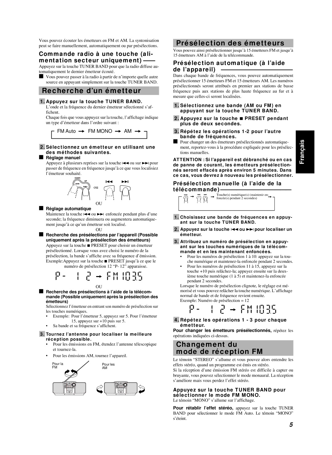 JVC RC-BZ6BU manual Recherche d’un émetteur, Présélection des émetteurs, Changement du Mode de réception FM 