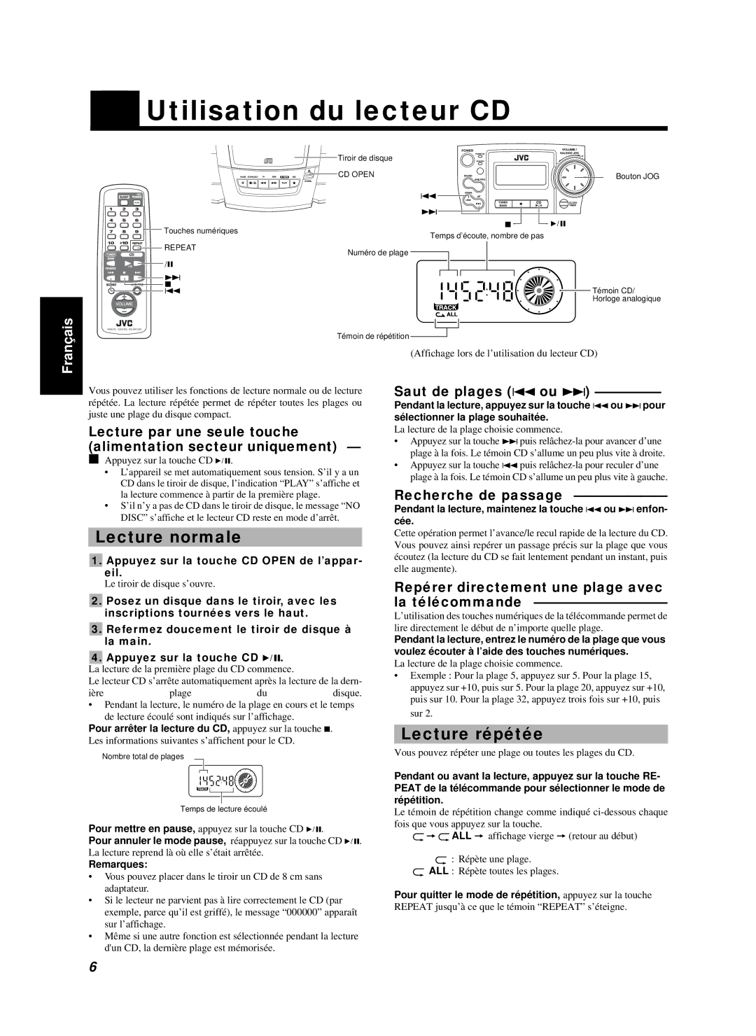 JVC RC-BZ6BU manual Utilisation du lecteur CD, Lecture normale, Lecture répétée 