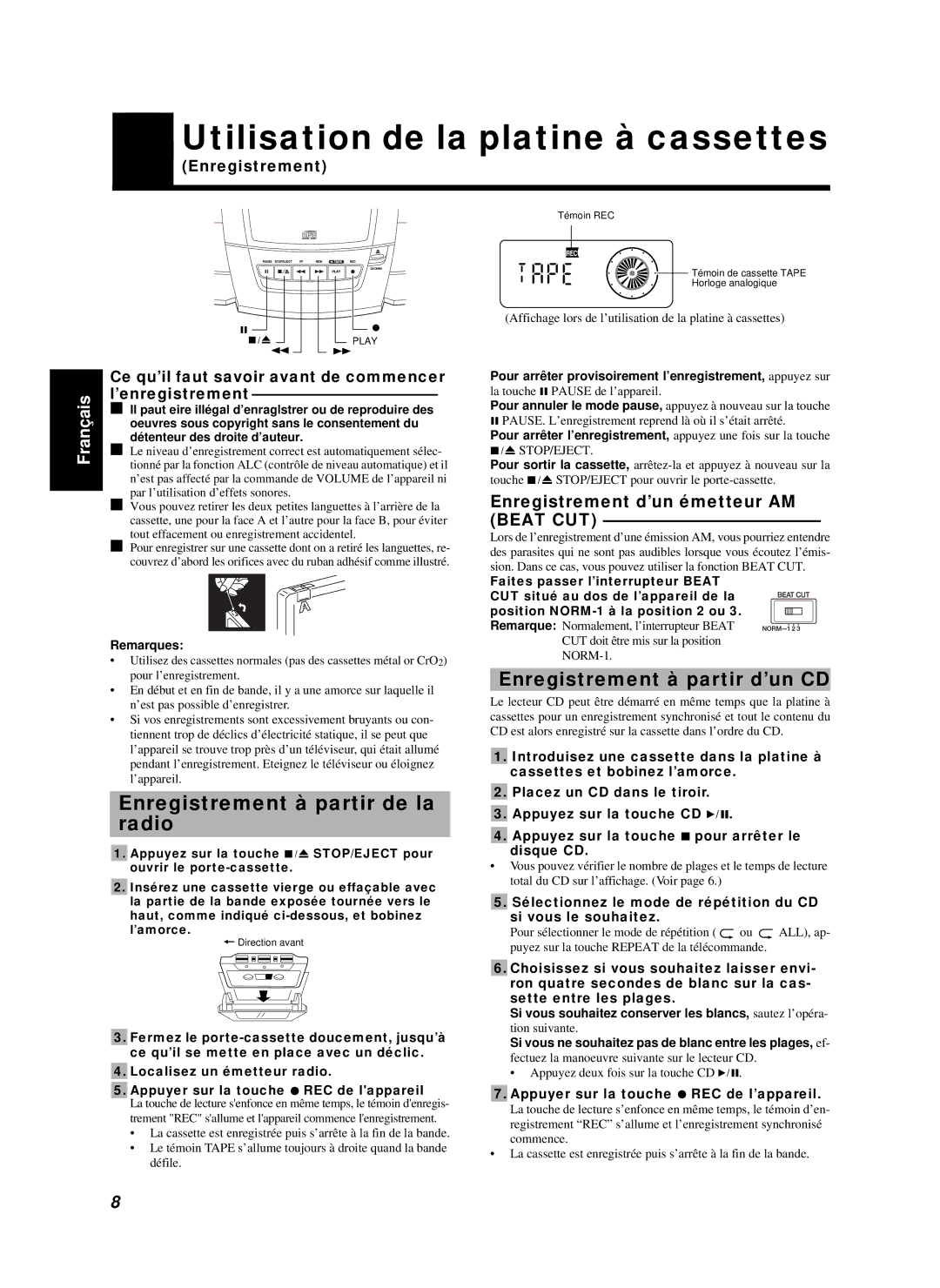 JVC RC-BZ6BU manual Enregistrement à partir de la radio, Enregistrement d’un émetteur AM Beat CUT 