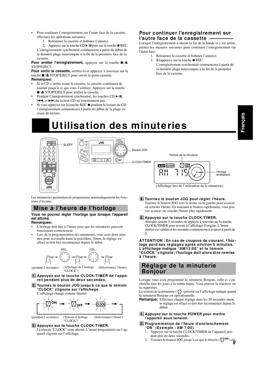 JVC RC-BZ6BU manual Utilisation des minuteries, Mise à l’heure de l’horloge, Réglage de la minuterie Bonjour 