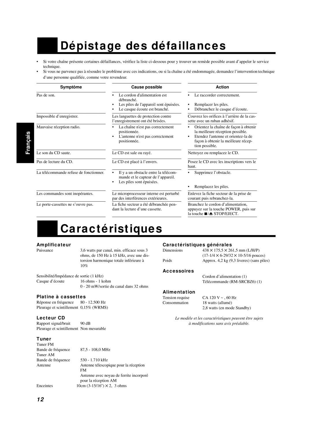 JVC RC-BZ6BU manual Dépistage des défaillances, Caractéristiques 