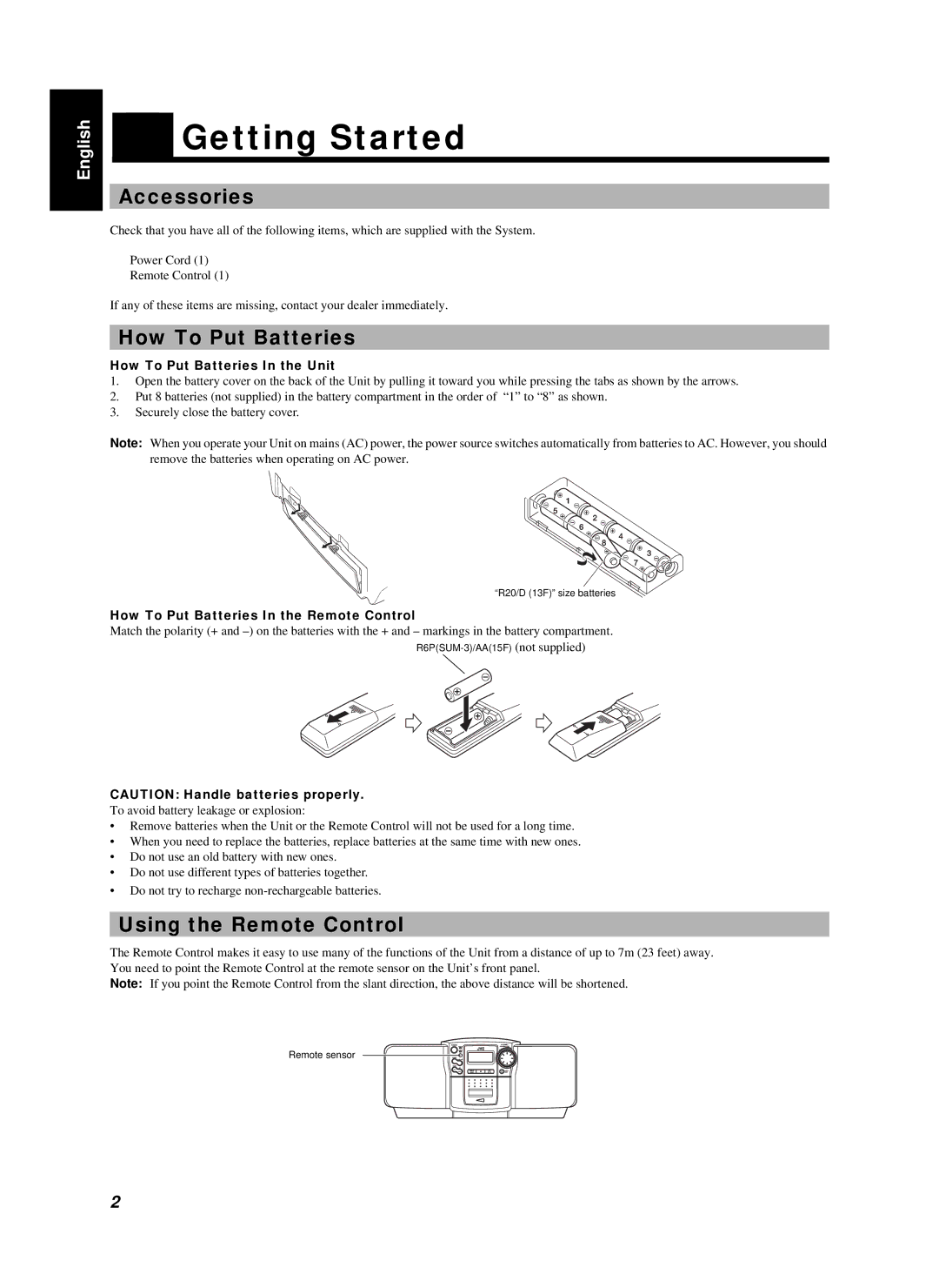 JVC RC-BZ6BU manual Getting Started, Accessories, How To Put Batteries, Using the Remote Control 