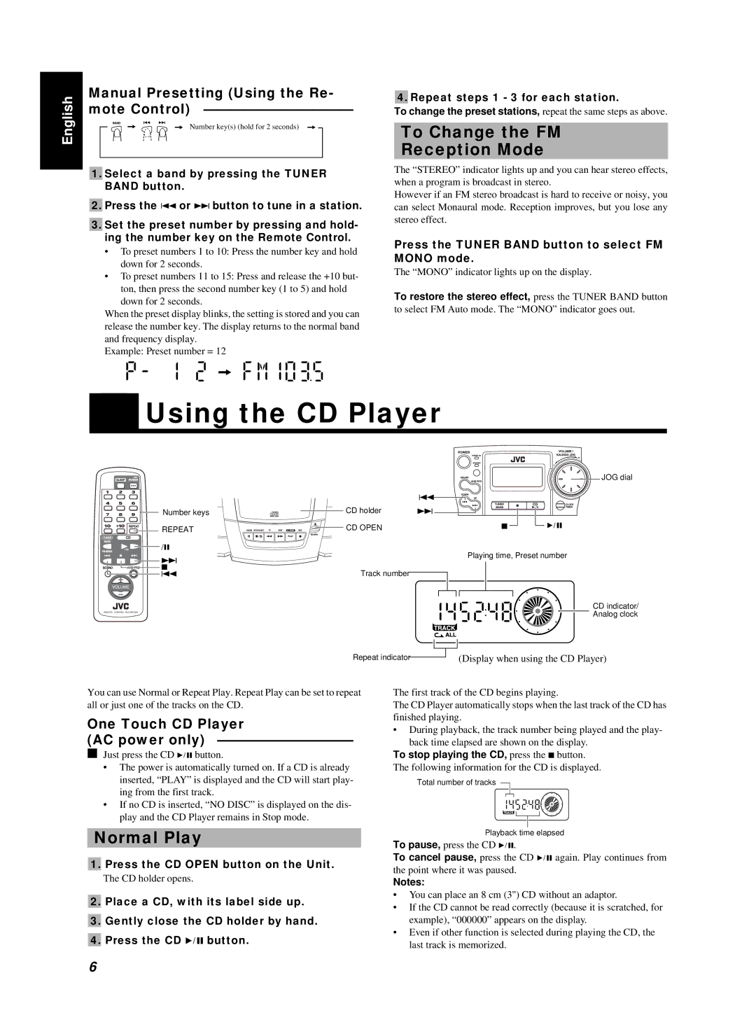 JVC RC-BZ6BU manual Using the CD Player, To Change the FM Reception Mode, Normal Play, One Touch CD Player AC power only 