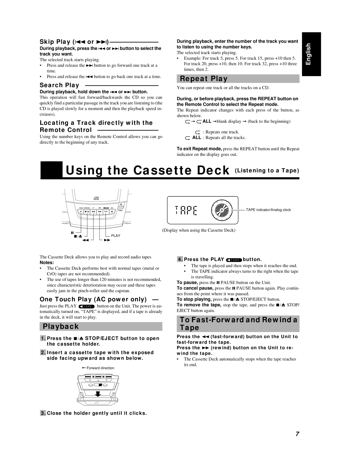 JVC RC-BZ6BU manual Using the Cassette Deck Listening to a Tape, Repeat Play, To Fast-Forward and Rewind a, Playback 